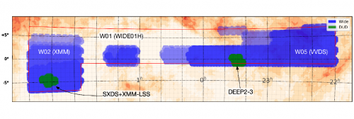 The area covered in this release shown in equatorial coordinates. The blue and green areas show the Wide and Deep+UltraDeep layers, respectively. For the Wide layer, the darker color means that the area is observed in more filters (up to 5 filters).